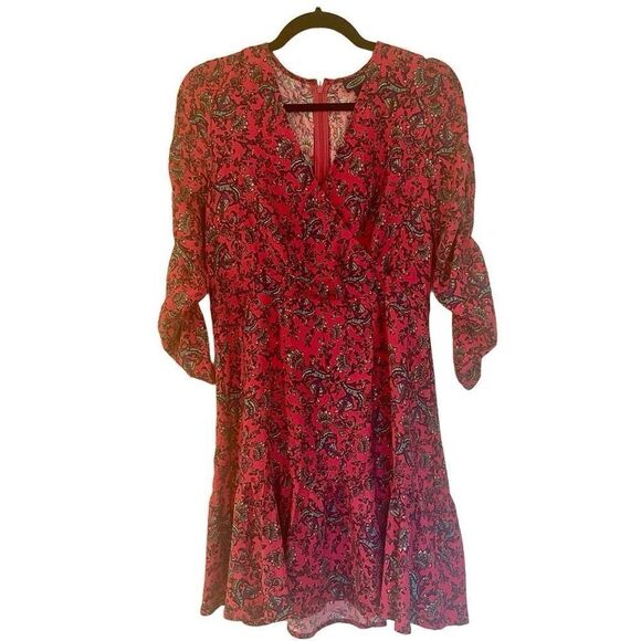 Scoop pink printed vneck puff sleeve faux wrap dress M - Picture 1 of 8